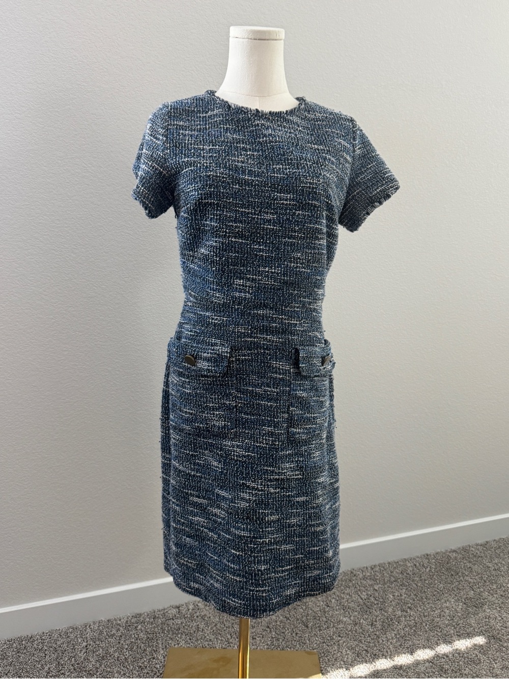 LOFT Blue-White Tweed Short-Sleeve Sheath Dress